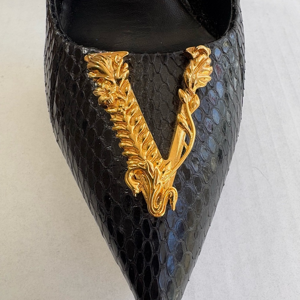 Versace Black Python Snakeskin Playform High Heel Pointy Stiletto Size 41 - Picture 5 of 16